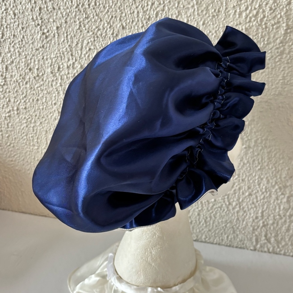 Reversible Satin Sleep Bonnet – Navy Blue & Silver – Extra Large, Elastic Fit - Picture 13 of 16